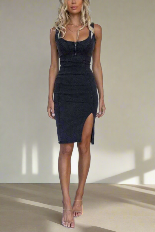 Black Denim Zip-Front Slit Dress