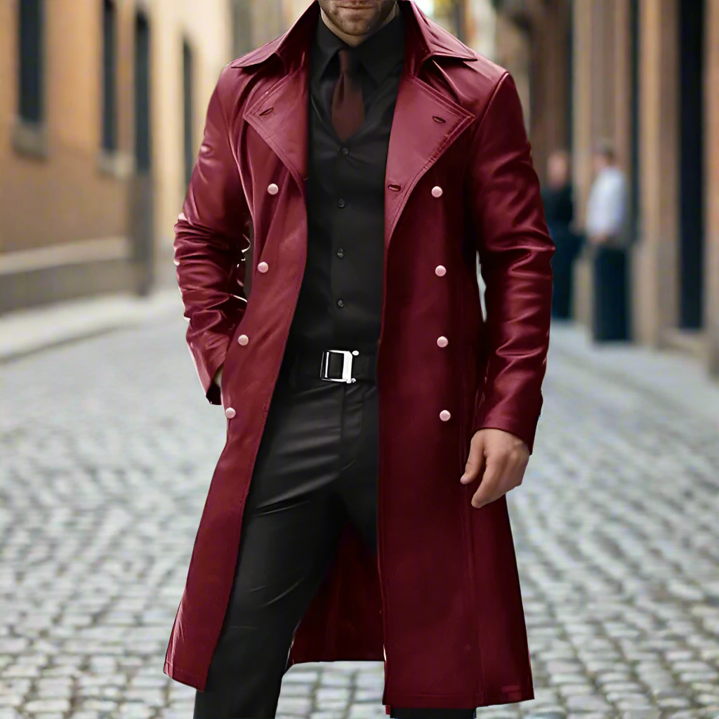Moonéa Men’s Long Trench Coat – Vintage Faux Leather Double-Breasted Overcoat (Black & Red)