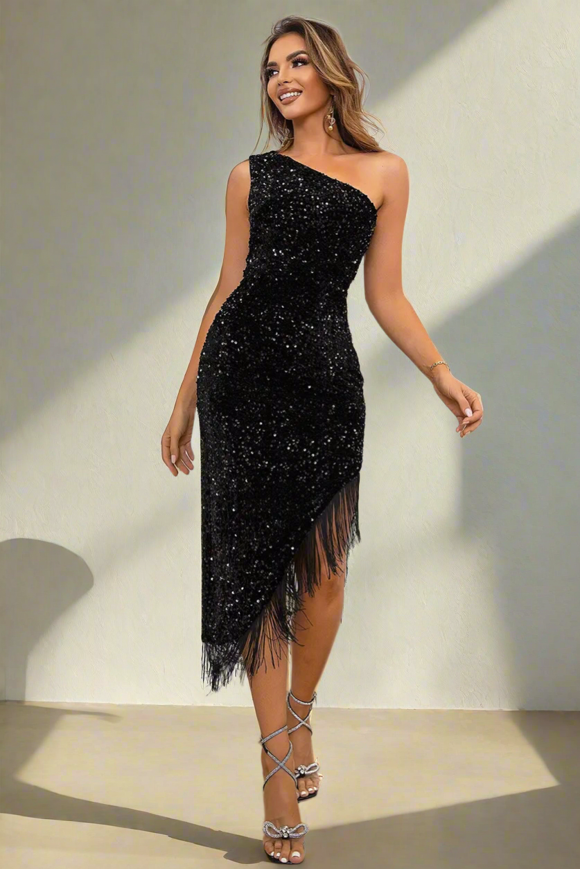 Black Sequin One-Shoulder Fringe Cocktail Dress