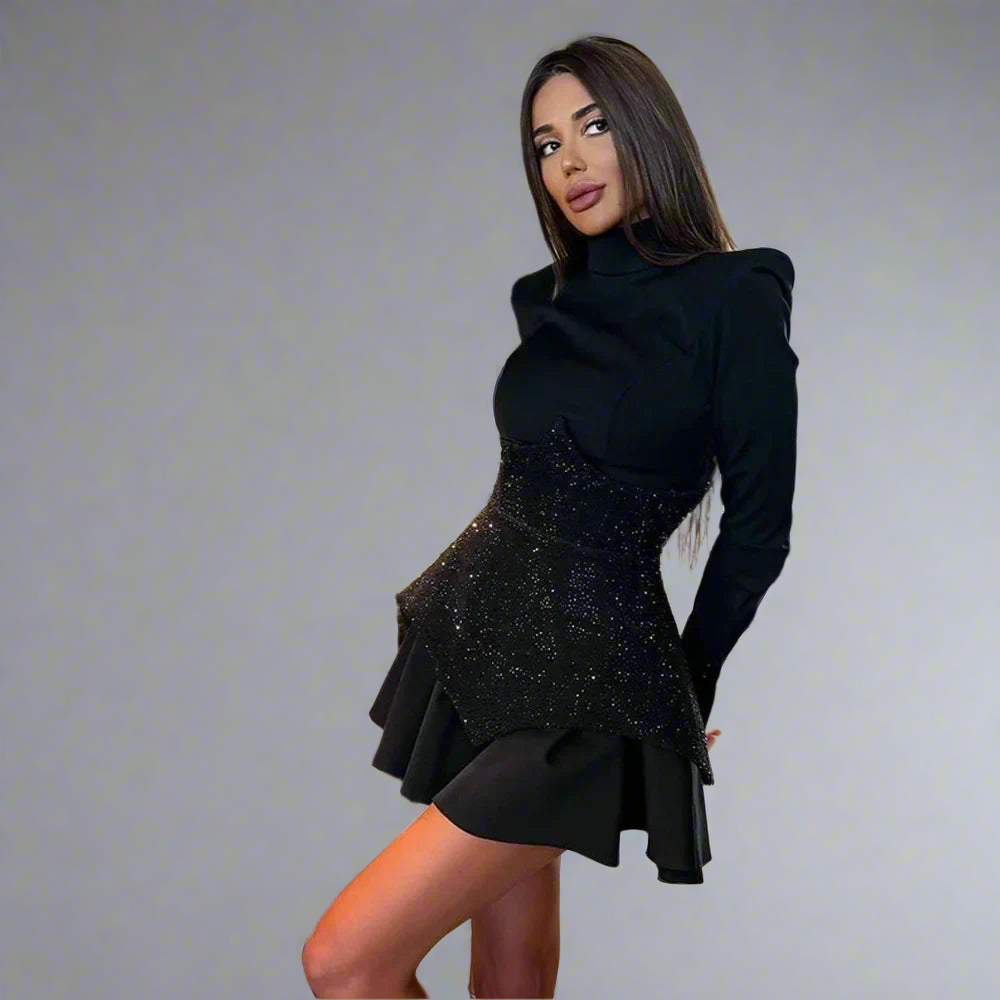Moonéa Black High-Collar Long Sleeve Mini Dress