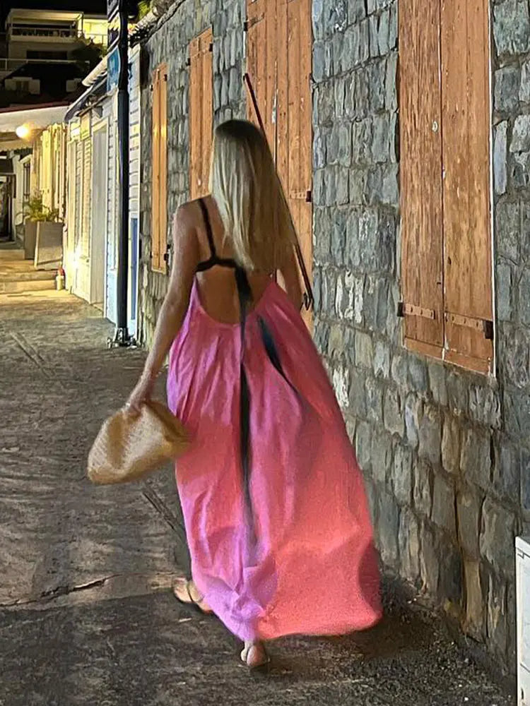 Moonéa Pink & Black Bohemian Maxi Dress – Summer Loose Fit