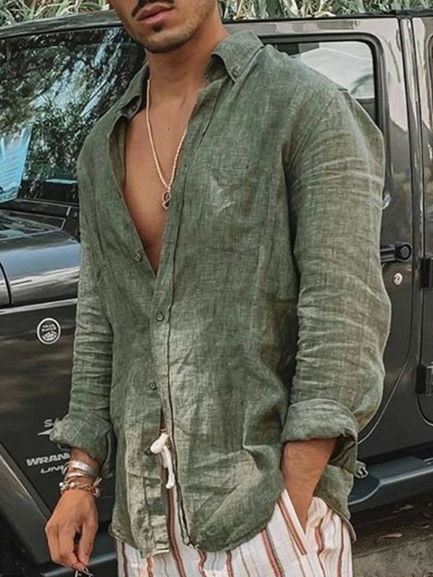 Men’s Casual Linen Long Sleeve Shirt – Lightweight Beachwear Lapel Style