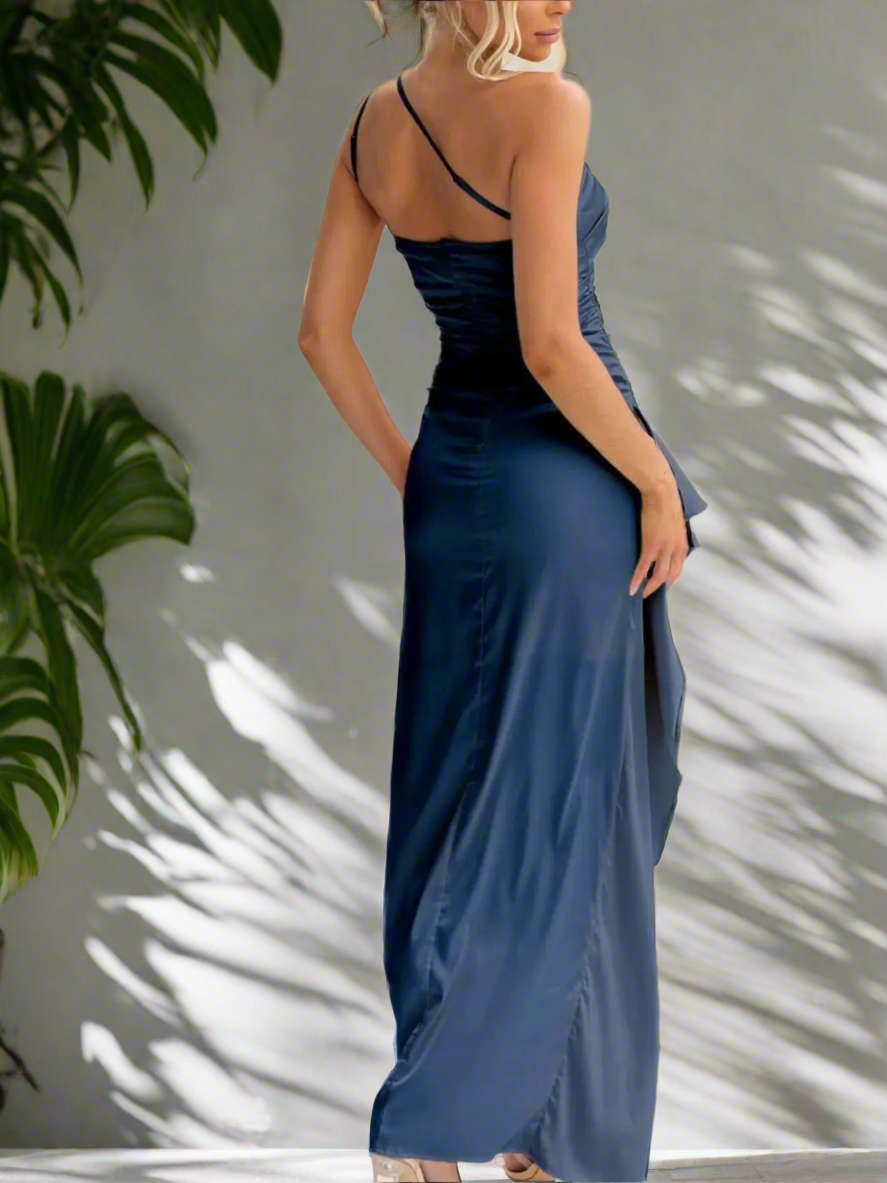 Sapphire Allure One-Shoulder Satin Gown
