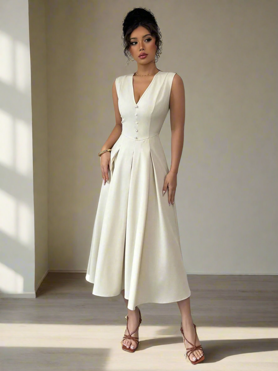 Timeless Elegance Pleated Midi Dress – White