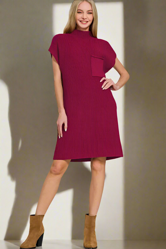 Zenana Luxe Knit Mock Neck Short Sleeve Sweater Dress