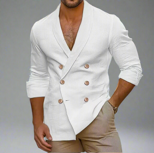 Men’s Vintage Double-Breasted Linen Blazer Shirt – Long Sleeve, Slim Fit, Cotton Linen Blend