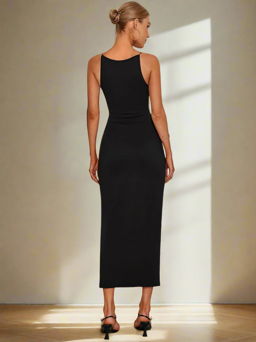 Midnight Grace – Sleek Black Midi Dress
