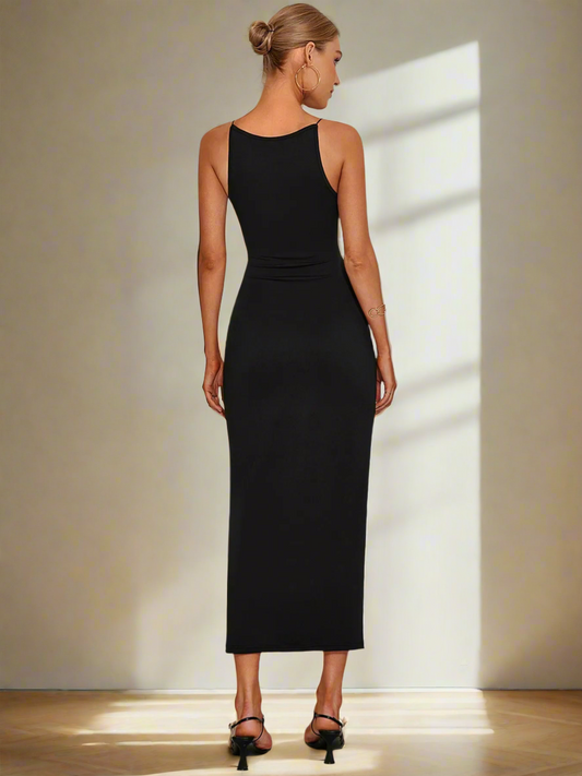 Midnight Grace – Sleek Black Midi Dress
