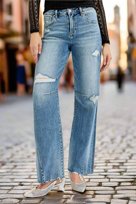 RISEN Full Size Mid Rise Wide Leg Baggy Tie-Washed Jeans with Raw Hem
