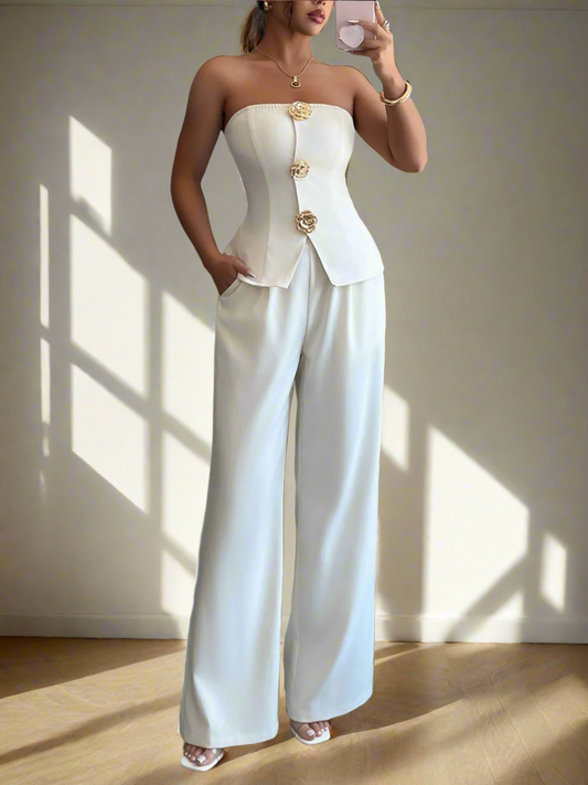 Roselle Strapless Peplum Top & Wide-Leg Trousers Set