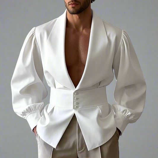 Moonéa Men’s Statement Blouse – Vintage Deep V-Neck Long Sleeve Shirt with Waist Detail (Black & White)