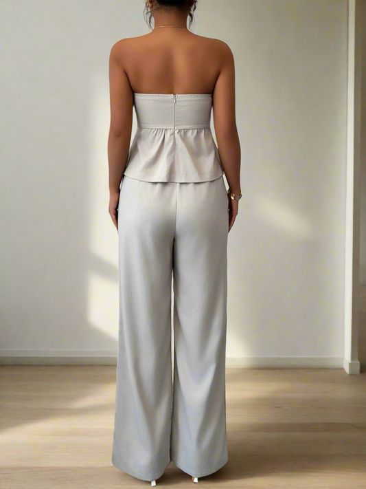 Ruched Peplum Tube Top & Wide-Leg Pants Set