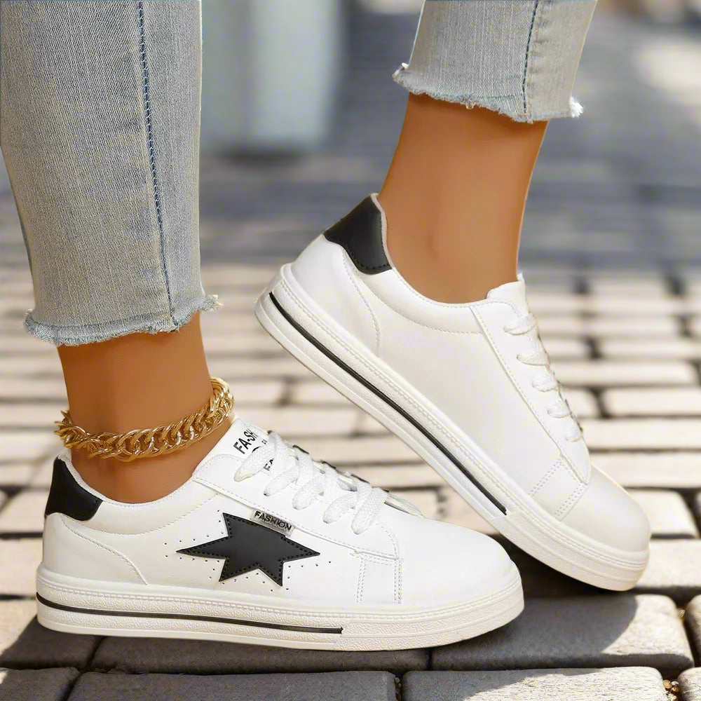Classic Star Detail Lace-Up Sneakers – White/Black
