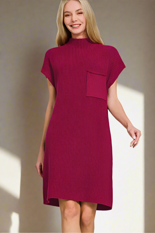 Zenana Luxe Knit Mock Neck Short Sleeve Sweater Dress