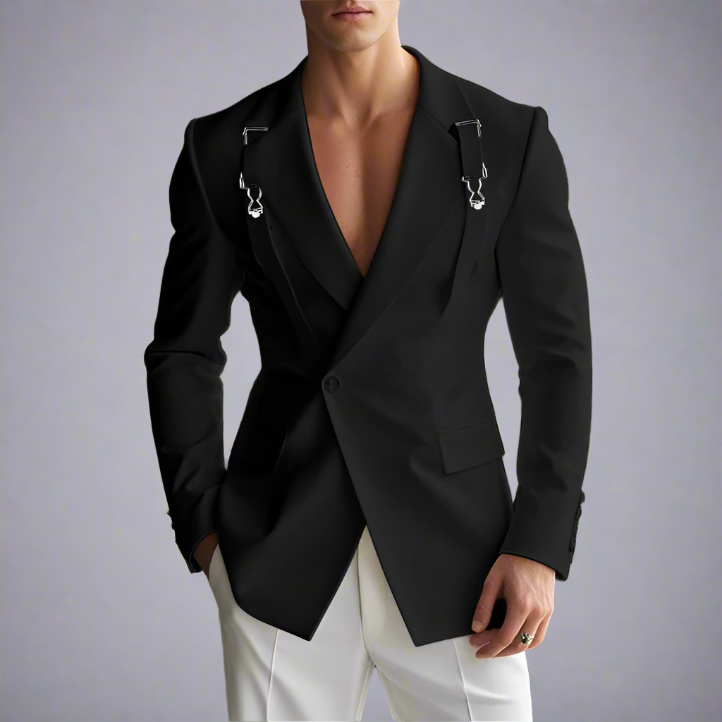 Moonéa Men’s Modern Blazer – Slim Fit Long Sleeve Jacket with Metal Buckle Detail (White, Black, Khaki)
