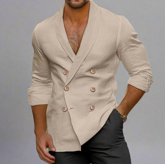 Men’s Vintage Double-Breasted Linen Blazer Shirt – Long Sleeve, Slim Fit, Cotton Linen Blend