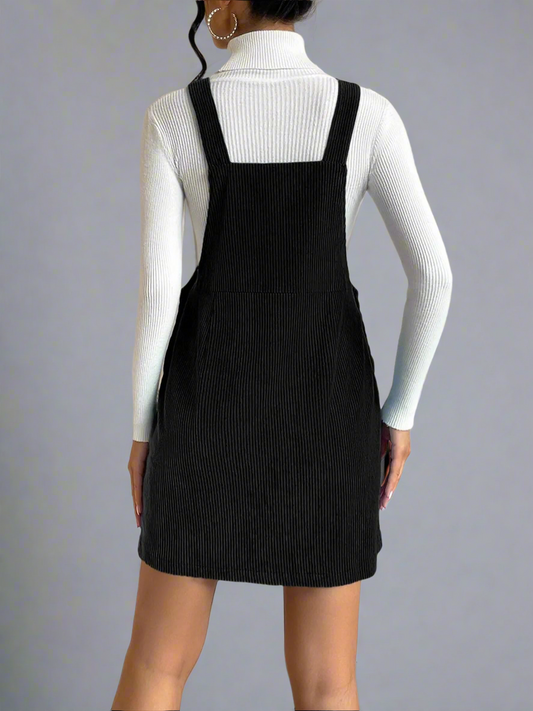 Moonea Corduroy Overall Mini Dress – Black
