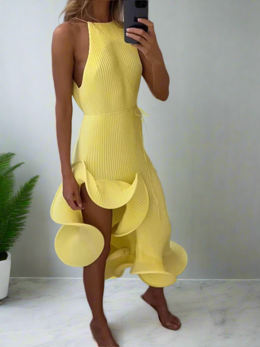 Sunlit Cascade High-Low Ruffle Dress
