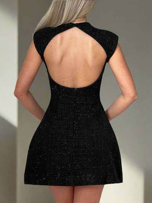 Noir Éclat Open-Back Mini Dress