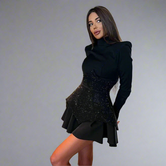 Moonéa Black High-Collar Long Sleeve Mini Dress