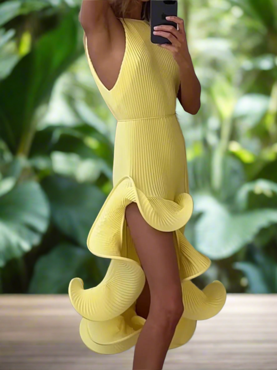 Sunlit Cascade High-Low Ruffle Dress