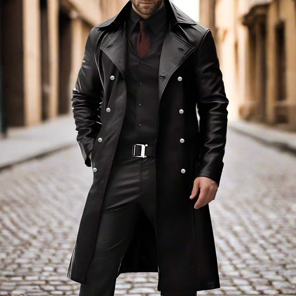 Moonéa Men’s Long Trench Coat – Vintage Faux Leather Double-Breasted Overcoat (Black & Red)
