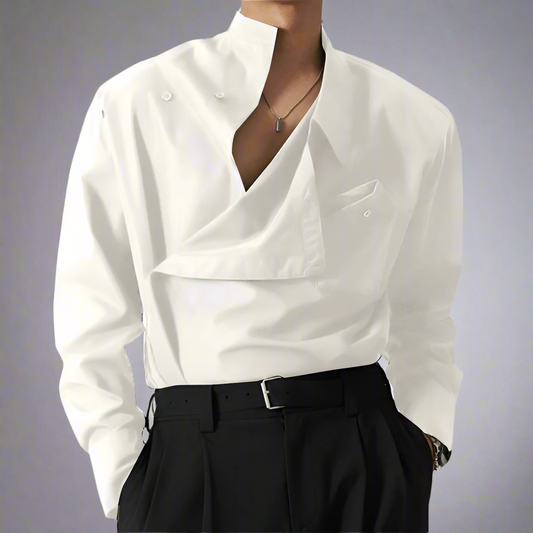 Men’s Asymmetric Stand Collar Shirt – Irregular Design, Long Sleeve Streetwear Top