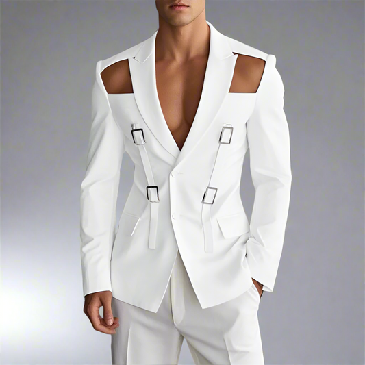 Men’s Hollow Shoulder Buckle Blazer – Modern Slim Fit Suit Jacket with Strap Detailing