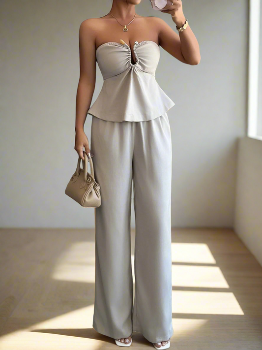 Ruched Peplum Tube Top & Wide-Leg Pants Set