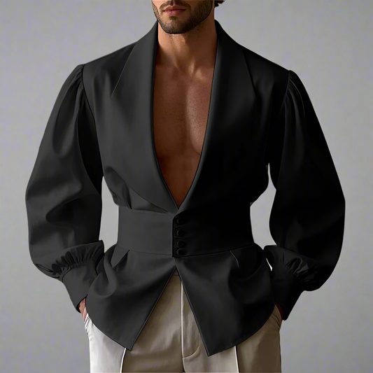 Moonéa Men’s Statement Blouse – Vintage Deep V-Neck Long Sleeve Shirt with Waist Detail (Black & White)