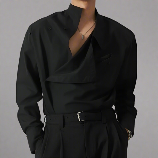 Men’s Asymmetric Stand Collar Shirt – Irregular Design, Long Sleeve Streetwear Top