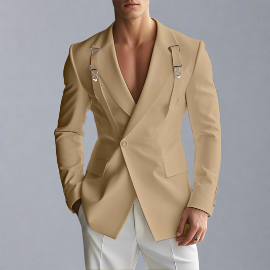Moonéa Men’s Modern Blazer – Slim Fit Long Sleeve Jacket with Metal Buckle Detail (White, Black, Khaki)