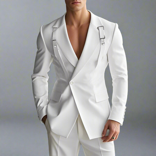 Moonéa Men’s Modern Blazer – Slim Fit Long Sleeve Jacket with Metal Buckle Detail (White, Black, Khaki)