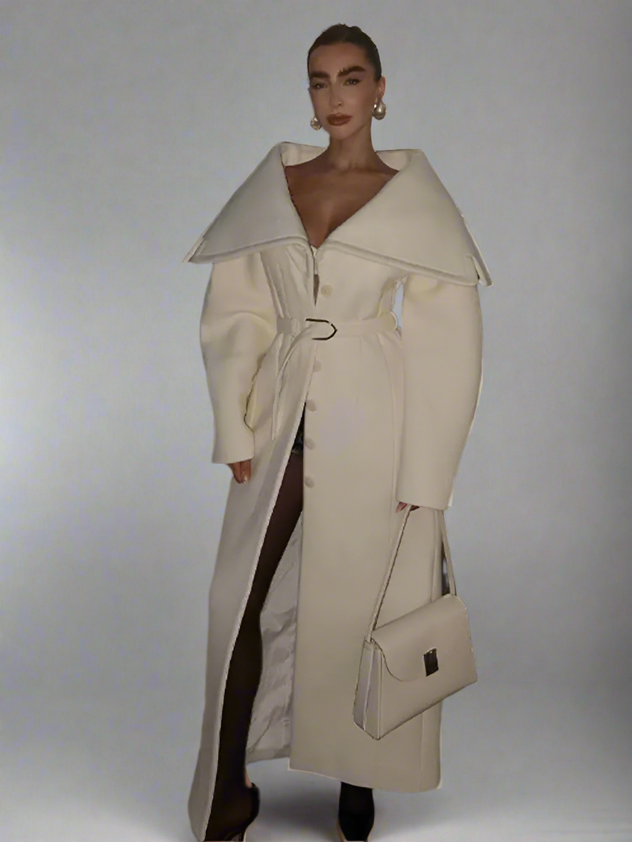 Elegant Long Wool Coat for Women with Belt & Wide Collar – Winter Fashion Overcoat