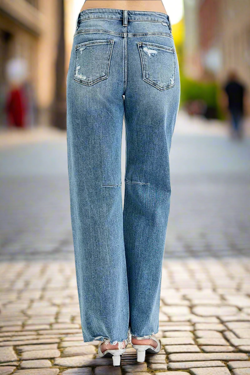 RISEN Full Size Mid Rise Wide Leg Baggy Tie-Washed Jeans with Raw Hem