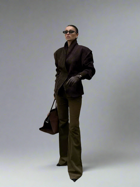 Women’s Cinched Waist Blazer with Shoulder Pads – Elegant Lapel Single-Breasted Jacket