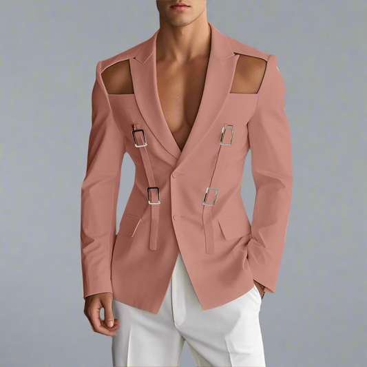 Men’s Hollow Shoulder Buckle Blazer – Modern Slim Fit Suit Jacket with Strap Detailing