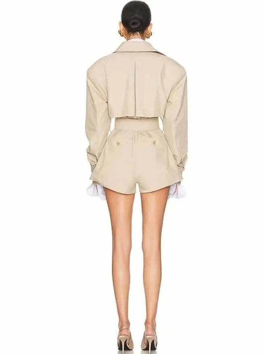 Elegant Belted Trench Style Playsuit Women’s Long Sleeve Double Breasted Jumpsuit with Lapel Collar High Waist Shorts