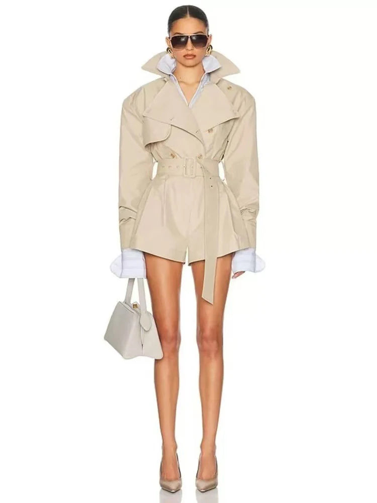 Elegant Belted Trench Style Playsuit Women’s Long Sleeve Double Breasted Jumpsuit with Lapel Collar High Waist Shorts