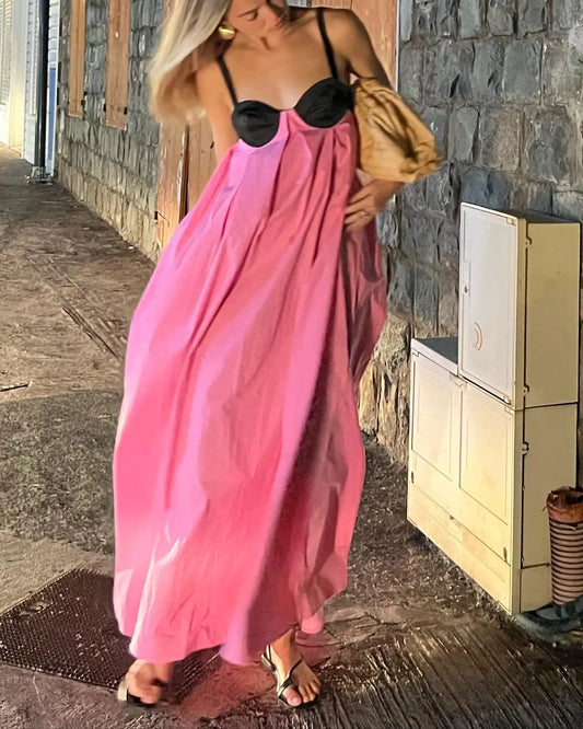 Moonéa Pink & Black Bohemian Maxi Dress – Summer Loose Fit