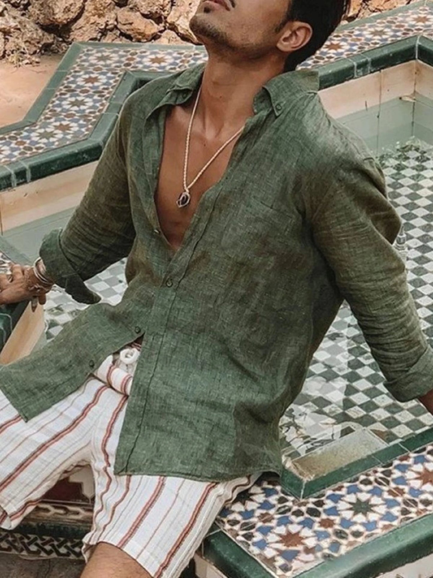 Men’s Casual Linen Long Sleeve Shirt – Lightweight Beachwear Lapel Style