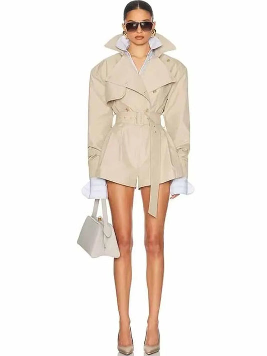 Elegant Belted Trench Style Playsuit Women’s Long Sleeve Double Breasted Jumpsuit with Lapel Collar High Waist Shorts