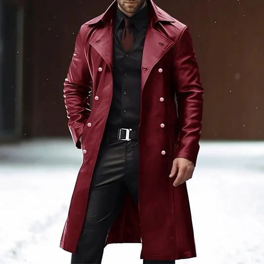 Moonéa Men’s Long Trench Coat – Vintage Faux Leather Double-Breasted Overcoat (Black & Red)