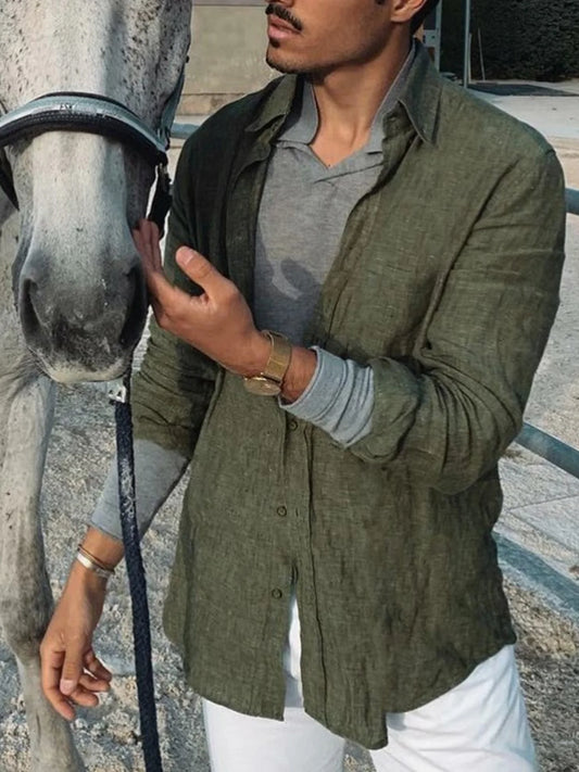 Men’s Casual Linen Long Sleeve Shirt – Lightweight Beachwear Lapel Style