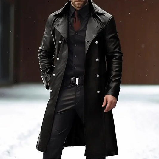 Moonéa Men’s Long Trench Coat – Vintage Faux Leather Double-Breasted Overcoat (Black & Red)