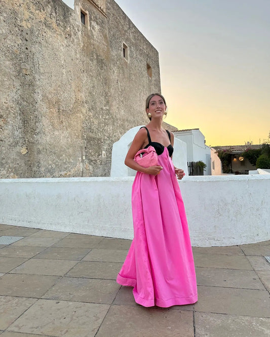 Moonéa Pink & Black Bohemian Maxi Dress – Summer Loose Fit