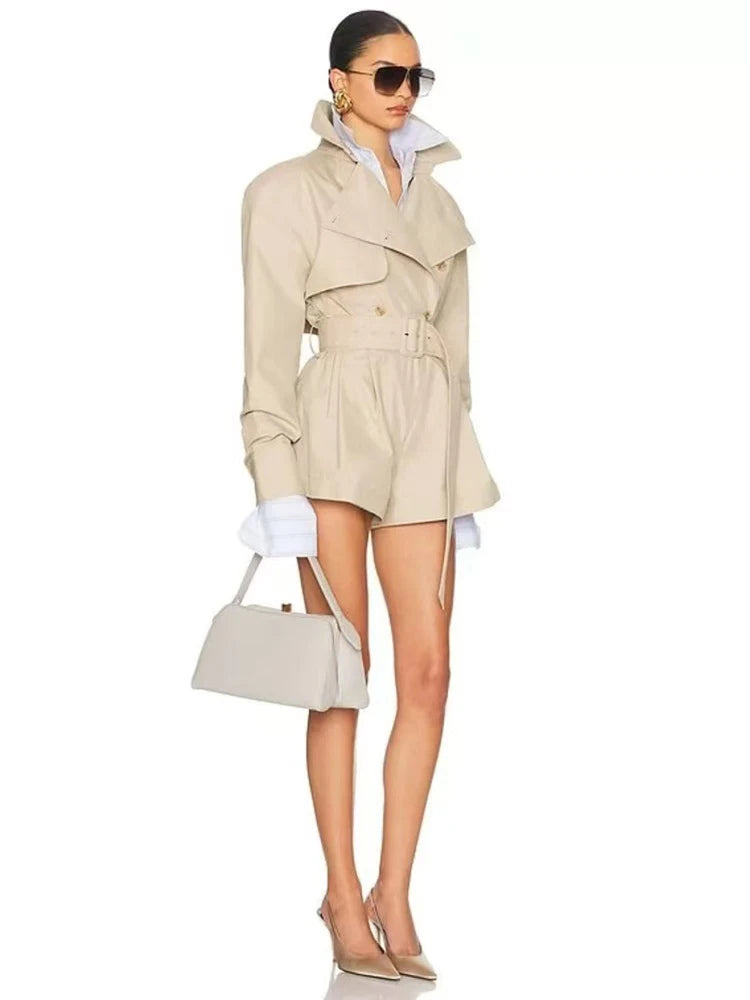 Elegant Belted Trench Style Playsuit Women’s Long Sleeve Double Breasted Jumpsuit with Lapel Collar High Waist Shorts