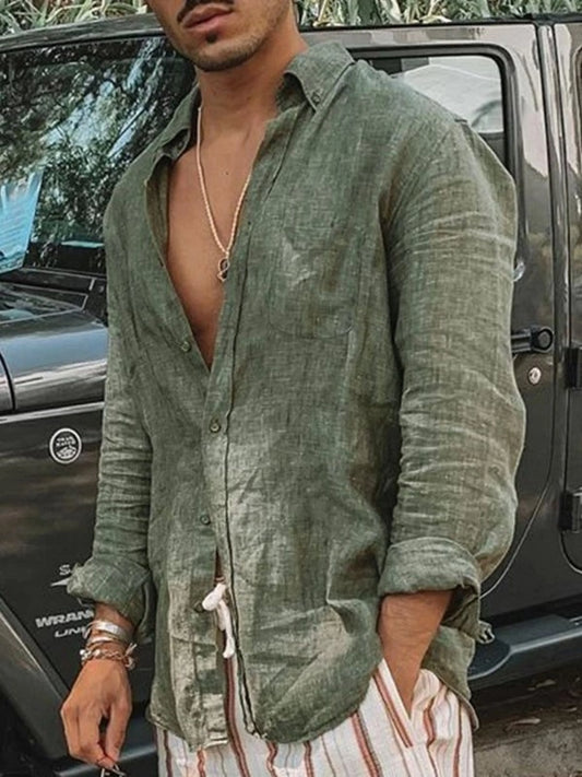 Men’s Casual Linen Long Sleeve Shirt – Lightweight Beachwear Lapel Style
