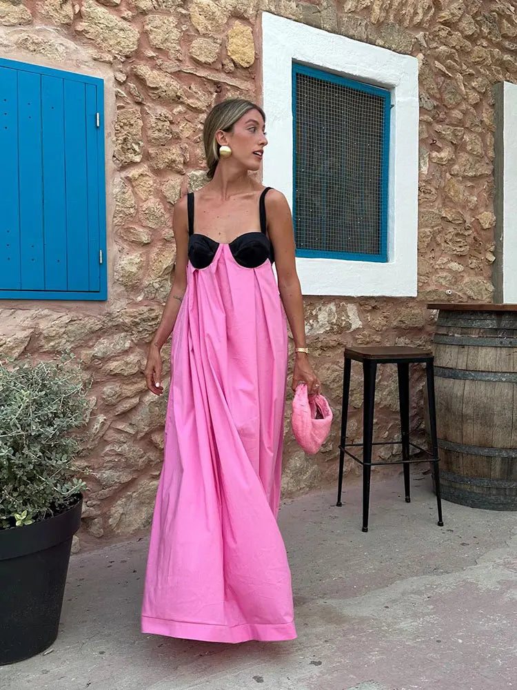 Moonéa Pink & Black Bohemian Maxi Dress – Summer Loose Fit