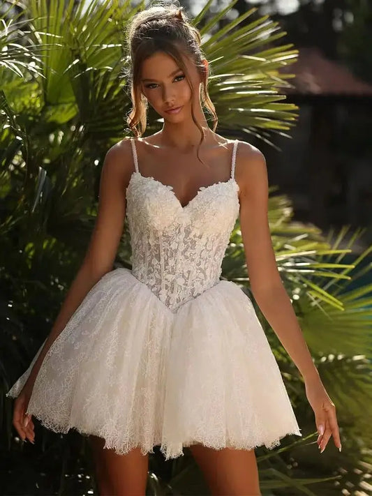 Moonéa Sweetheart Lace Mini Wedding Dress – Spaghetti Strap Backless Bridal Gown